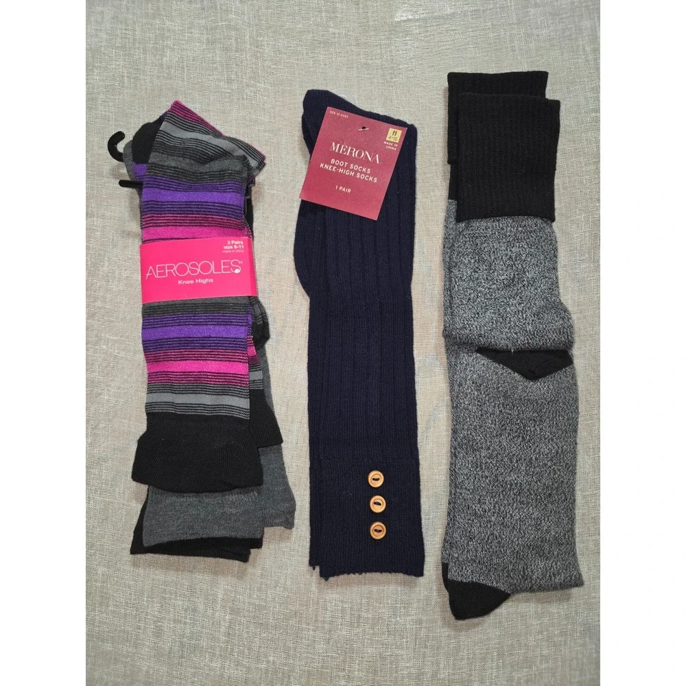 Womens Knee High Boot Socks Bundle Aerosoles Merona Striped Ribbed 5 Pairs